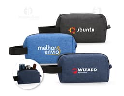 Nécessaire Poliéster PVC Mescla em tons de preto e cinza, contendo compartimentos para suporte de dispositivos como teclado