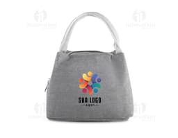Bolsa térmica em poliéster marrom, com fecho de zíper, alça de couro e cadeado de segurança. Design moderno e elegante, ideal