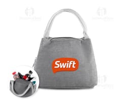 Bolsa térmica em poliéster marrom, com fecho de zíper, alça de couro e cadeado de segurança. Design moderno e elegante, ideal