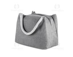 Bolsa térmica em poliéster marrom, com fecho de zíper, alça de couro e cadeado de segurança. Design moderno e elegante, ideal