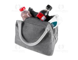 Bolsa térmica em poliéster marrom, com fecho de zíper, alça de couro e cadeado de segurança. Design moderno e elegante, ideal
