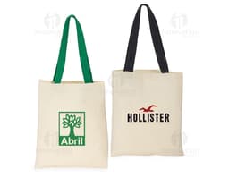 sacola de algodão para compras com design elegante e moderno, feita de material marrom com alça de couro e fecho de trava. A