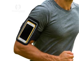 Braçadeira esportiva de couro sintético preto, com fecho de metal. O objeto é uma bolsa de equipamento moderna, usada para