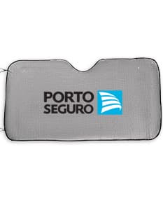 Protetor solar de para-brisa em embalagem de plástico preta com design moderno. O produto contém ícones e símbolos