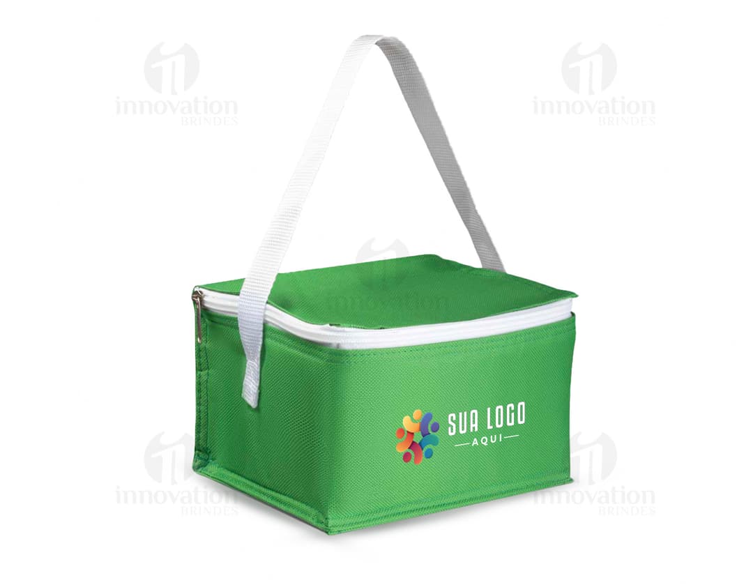 Bolsa térmica em poliéster 600D amarelo com alça de metal e laço de fita, design moderno e resistente. Ideal para transporte