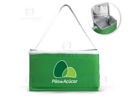 Bolsa térmica em poliéster 600D amarelo com alça de metal e laço de fita, design moderno e resistente. Ideal para transporte
