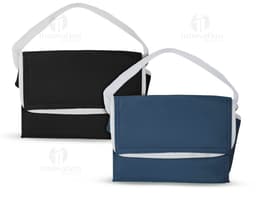 Bolsa térmica em poliéster 600D amarelo com alça de metal e laço de fita, design moderno e resistente. Ideal para transporte