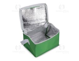 Bolsa térmica em poliéster 600D amarelo com alça de metal e laço de fita, design moderno e resistente. Ideal para transporte