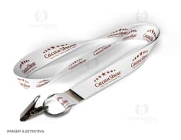 Cordão com jacaré na argola de metal, ideal para uso em brindes e eventos. Resistente e prático, com 85cm de comprimento e